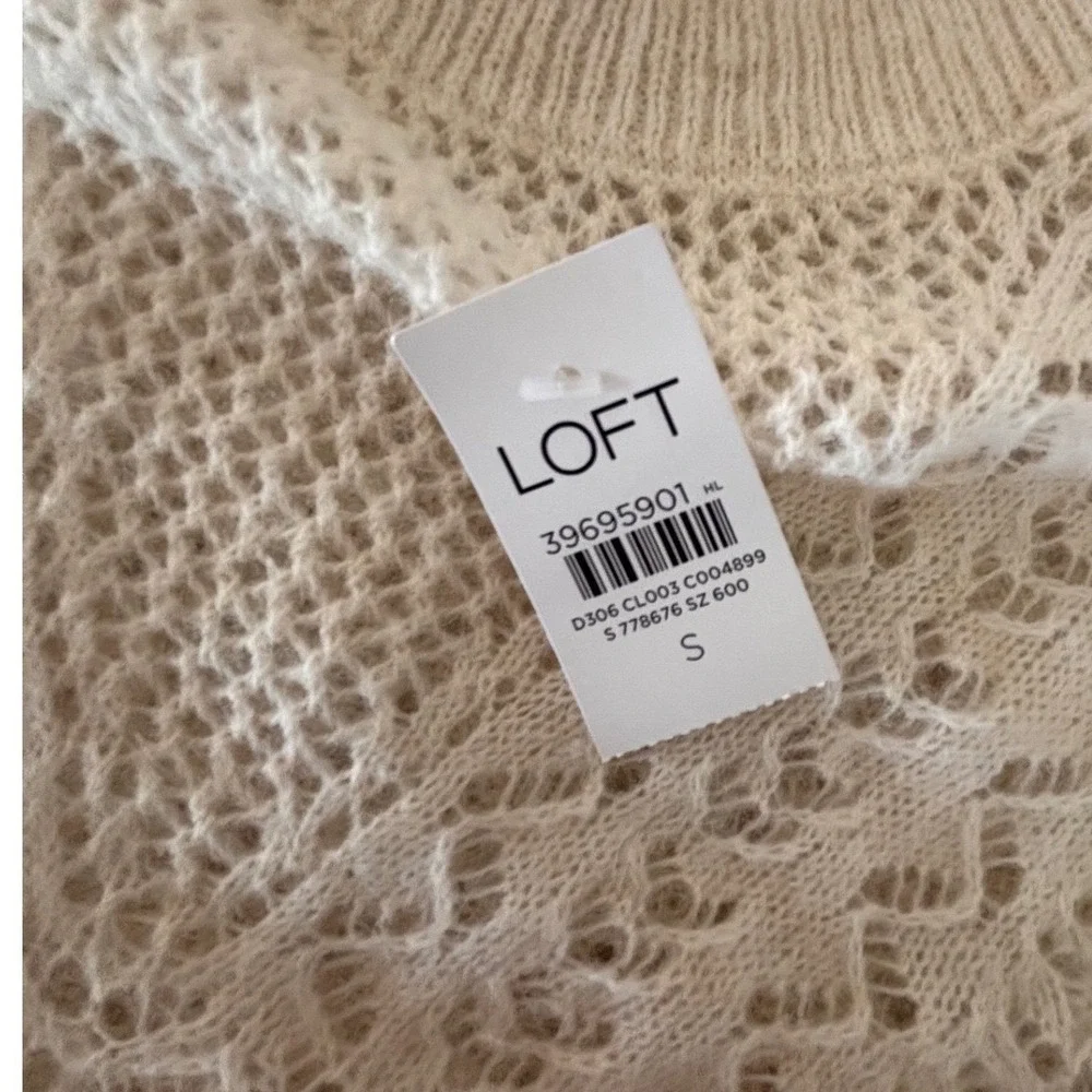 NWT-LOFT Pointelle Mock Neck Sweater‎ Cream Ivory Open Knit Wool Blend Small
